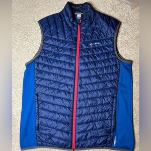 Eddie Bauer Navy and Bright Blue Quilted Vest with Red Zipper